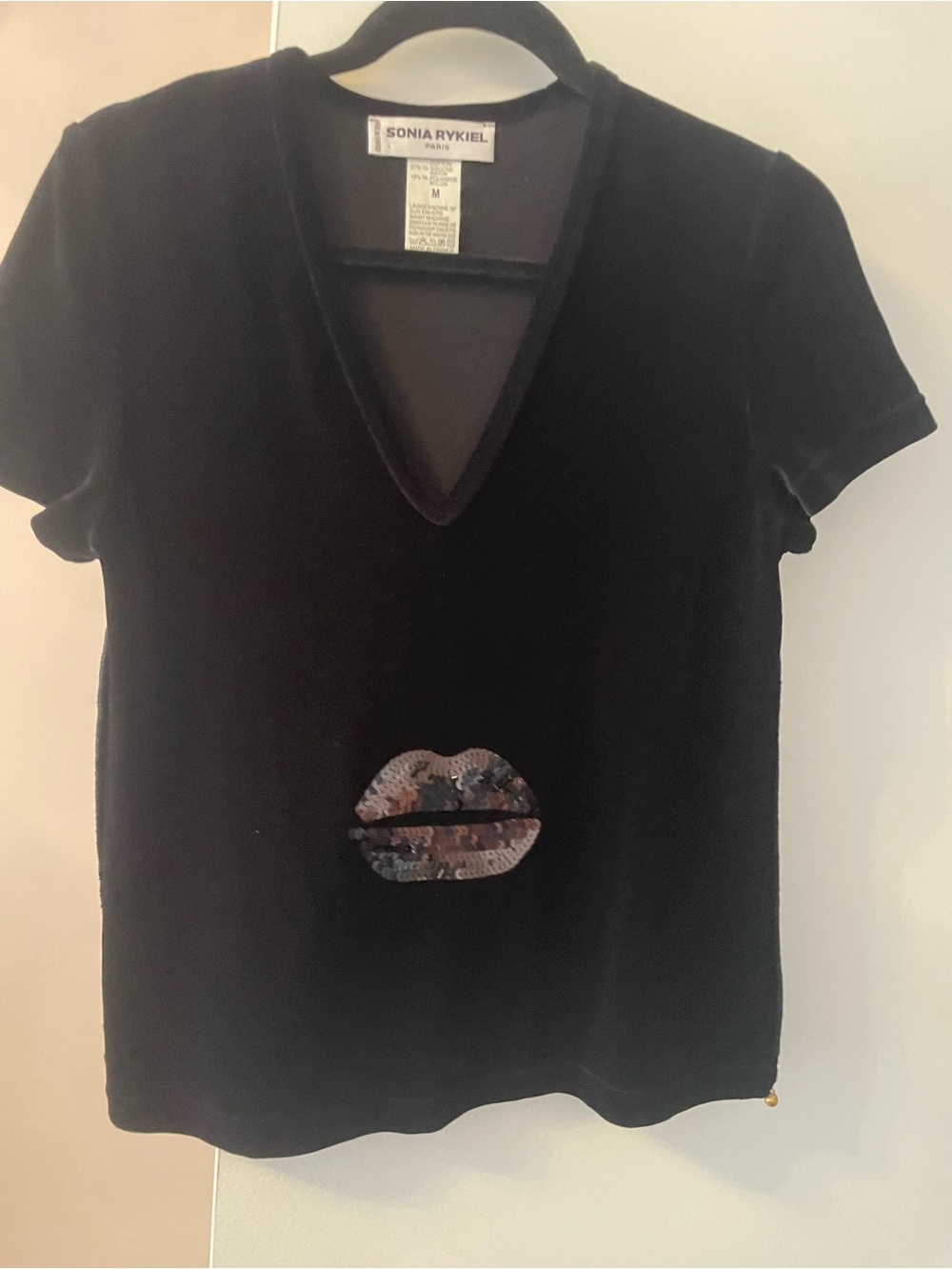 Sonia Rykiel Black Velvet Short-Sleeve Top with Sequin Lip Appliqué